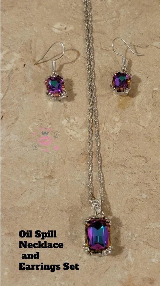 💥 Joyería de Moda ~ Derrame de Aceite Topacio Místico Piedra Collar Pendientes Conjunto Nuevo con Etiquetas 💥
