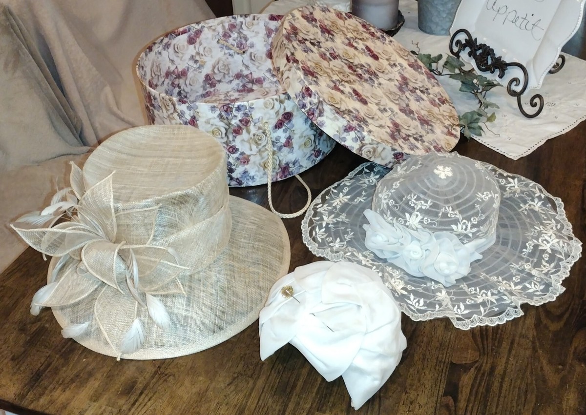 4pc Wide Brim Hat Lot & Rose Hat Box Easter Kentucky Derby  display picture 3