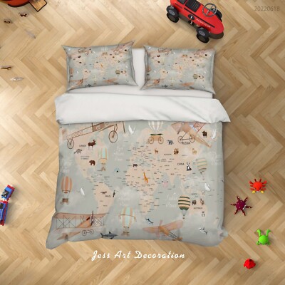 3D World Map Animal Watercolor Quilt Cover Set Bedding Sets Pillowcases Queen