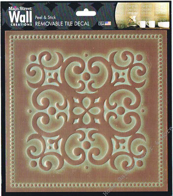 (1) Peel Stick 8''x8'' Art Wall Tile Backsplash PATINA COPPER Scroll Made in USA