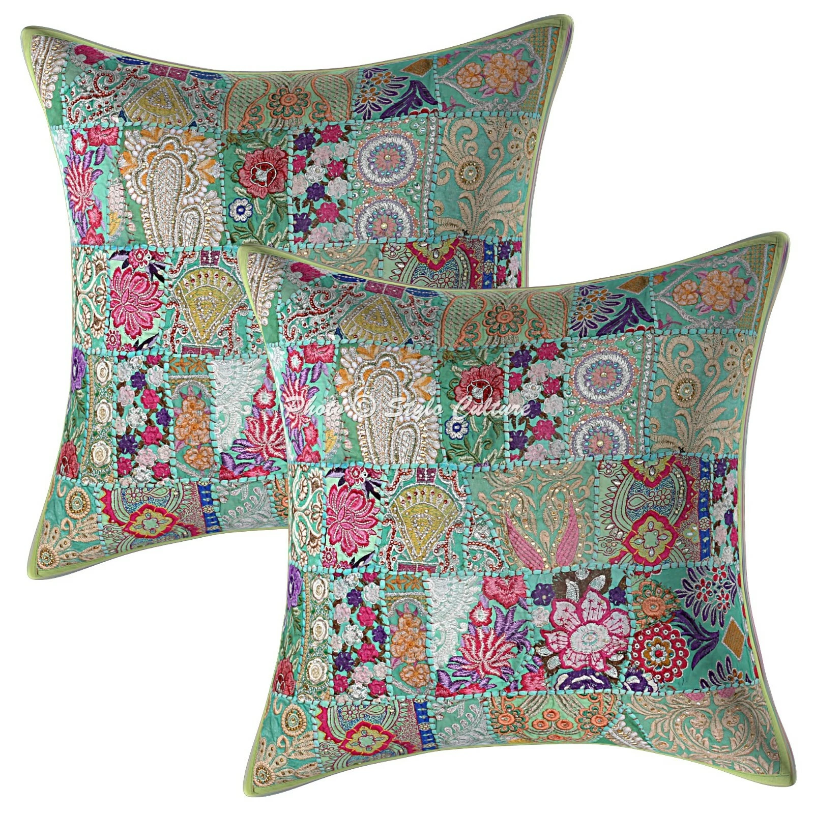 Boho Cushion Covers Green 60 x 60 Green Patchwork Cotton 24 x 24 Throw Pillows