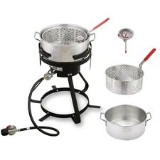 10 Qt Aluminum Outdoor Propane Gas Fish Fryer Pot Kit with Strainer Basket, 5...