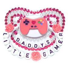 Baby Bear Pacis Adult Pacifier "Daddy's Little Gamer" White Dark Pink Adult Paci