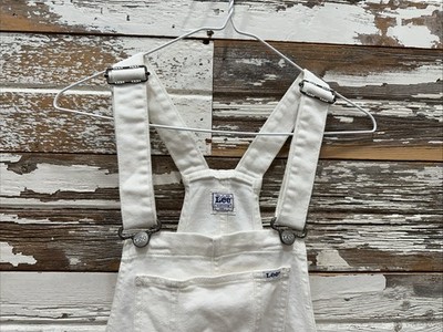 VTG Women s Lee White Soft Denim Jeans Bib Overalls Shorts Size Large Shortall