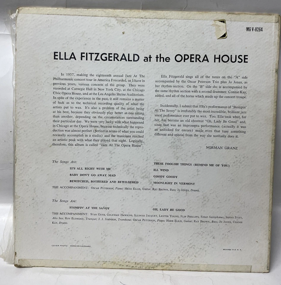 Ella Fitzgerald - Ella Fitzgerald At The Opera House 1958 LP Vinyl Verve Bop VG - Image 2 of 4
