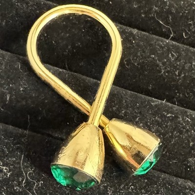 Vintage Jeweled Safety Key Ring Green Glass Stones Gold Tone Twist Off
