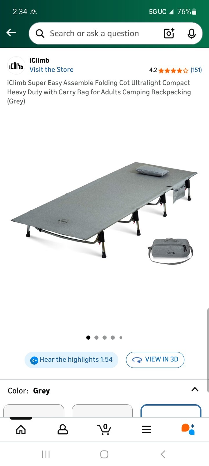 iClimb Super Easy Assemble Folding Cot Ultralight Compact Heavy Duty with Carry