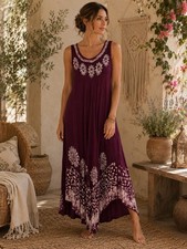 Cute Options Maxi Dress Womens Free Size Burgundy Floral Batik Sleeveless Boho