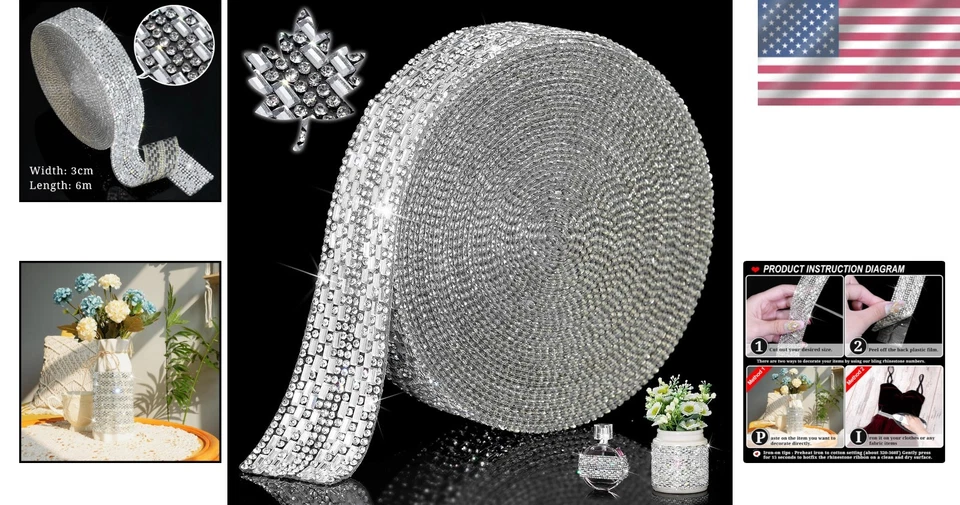 Rollo de cinta de diamantes de imitación extra brillante para manualidades - planchado y pegajoso (3 cm x 6 m) Foto 2 de 4