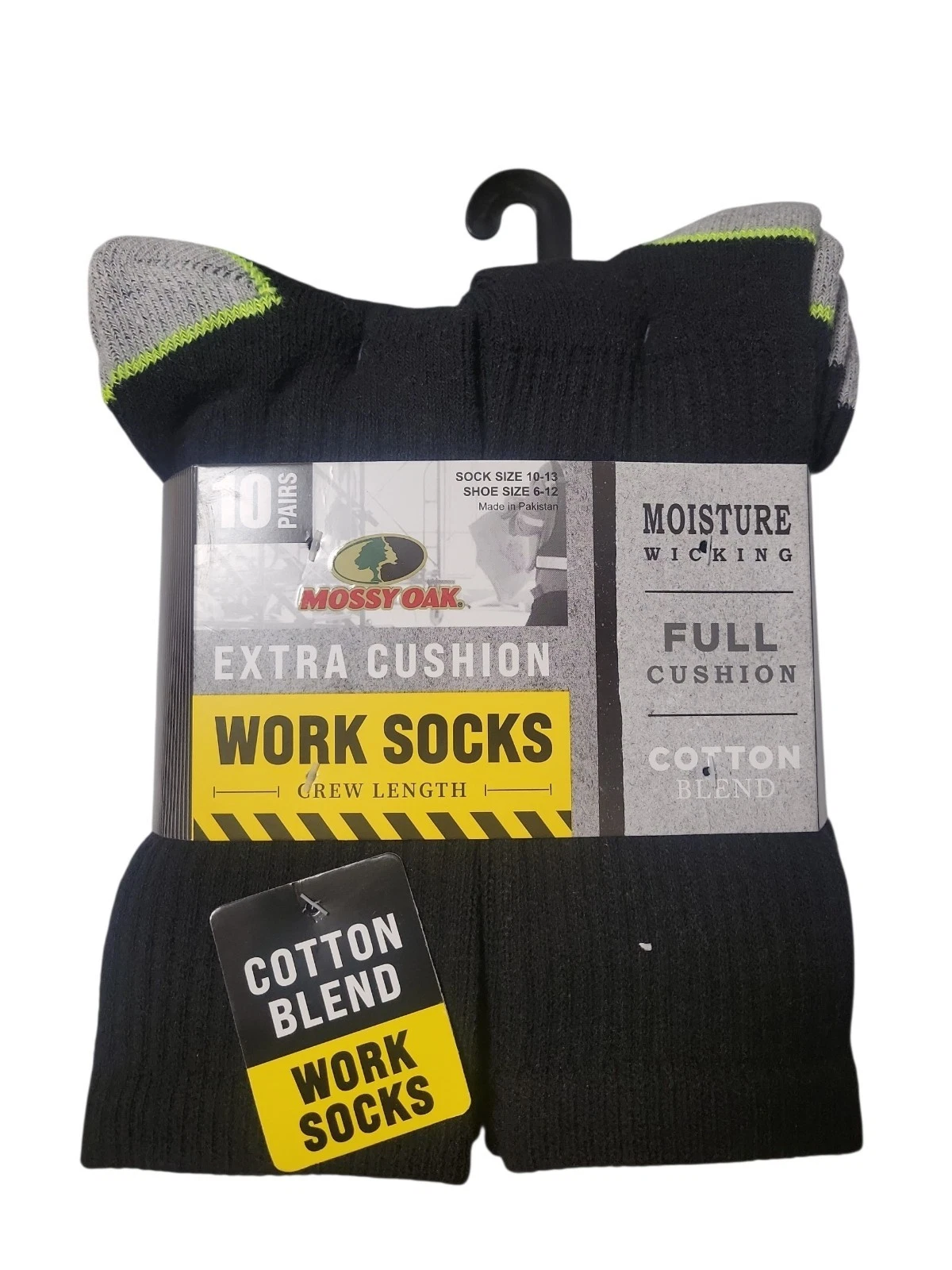 Mossy Oak Eatra Cushion Crew Length Work Socks Moisture Wicking 10 Pair Black