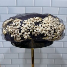 Vintage 1950s Gael Navy Pillbox Hat w/Cream Floral Appliqu Net Overlay