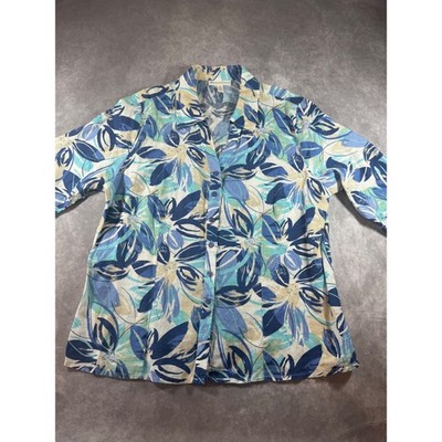 JM Collection Woman Blue Floral 100% Linen Button Up Shirt Plus 18W NWT