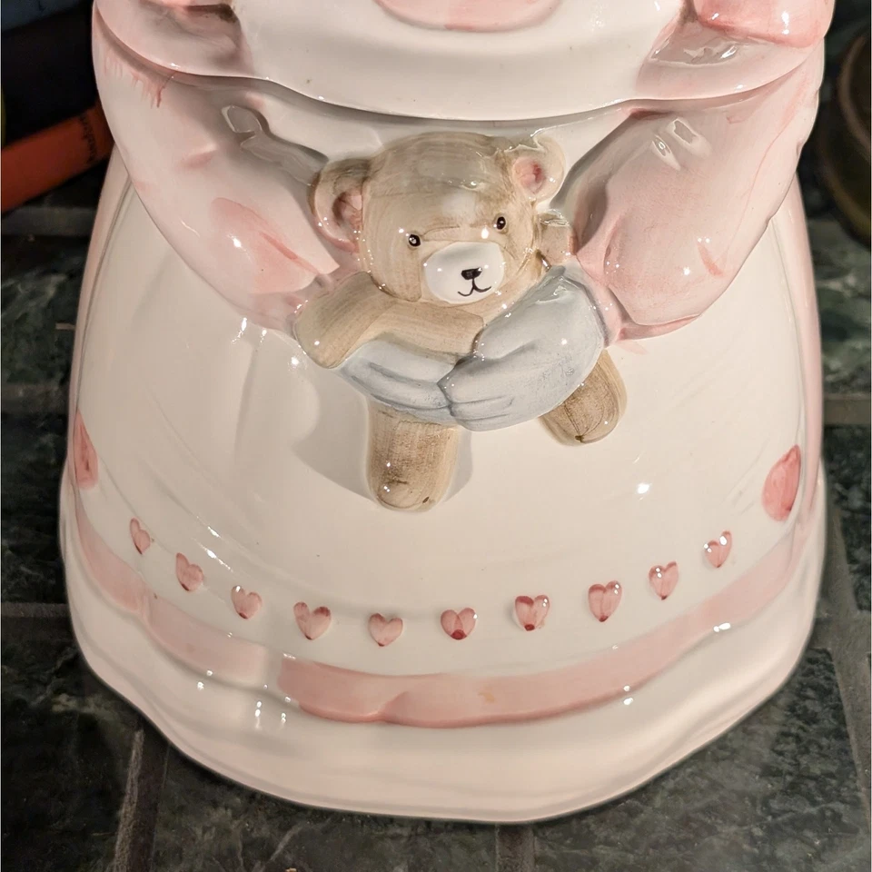 Large Vintage Pink Girl Mouse w/ Teddy Bear Ceramic Lidded Cookie Jar, 1990 Gift - Image 3 of 4