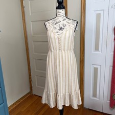 Aerie Striped Cotton Gauze Midi Dress Large Ruffle Hem Boho Prairie