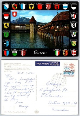 Luzern Switzerland Chapel Bridge Water Tower Mt Pilatus Postcard 1991