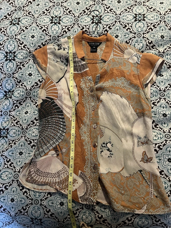 Blusa de Seda de Lujo Citron Santa Mónica Top Abanico Asiático Mariposa Cachemira XS Foto 2 de 4