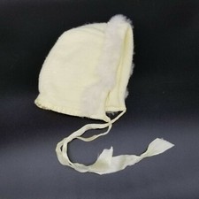 Vintage Baby Child Doll Hat Cap Bonnet Yellow Warm Wool Faux Fur Winter Ribbon