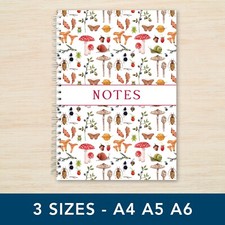 Mushroom Spiral Notebook Journal A5 A4 A6 - Lined or Plain - College Office Gift