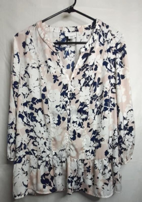 LIZ CLAIBORNE WOMENS SHEEK DRESSY BLOUSE LONG SLEEVE, PINK NAVY WHITE SIZE LARGE