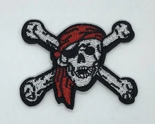 Pirate Skull and Cross Bones Flag With Red Bandana Iron On Patch 2.5x2 inches