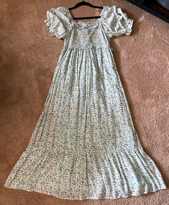 Polagram Dress M Green Floral Smock Bodice Midi Cottagecore Prairie Boho NEW NWT