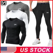 Mens Compression Quick Dry Thermal Base Layer Gym Tight Running Shirts Pants Set