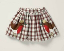 MINI BODEN Holiday Bird Applique Check Flannel Skirt NWT New 6-7