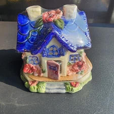 Sonoma Home Goods Tea Light Candle House Blue Pink Roses Garden Flowers  6"