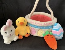 My First Easter Theme Basket Playset, 5ct Stuffed Plush Bunny Chick Carrot Egg
