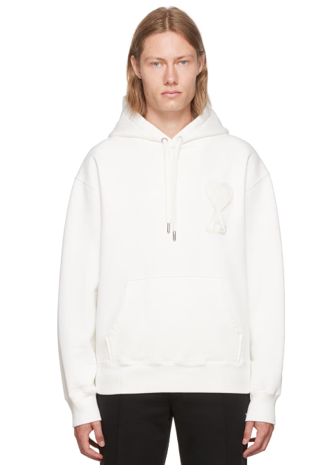 Authentic AMI Paris Men's White French Terry Heart Heavyweight Hoodie, Size M