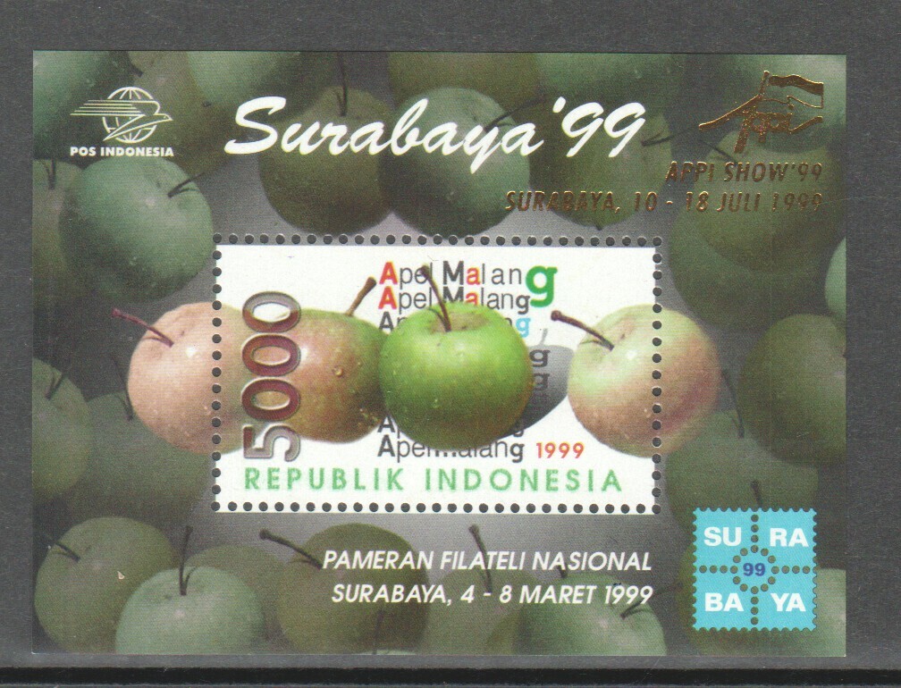 INDONESIA 1999 SURABAYA NAT'L EXPOSICIÓN DE SELLOS MALANG MANZANA HOJA DE REC...