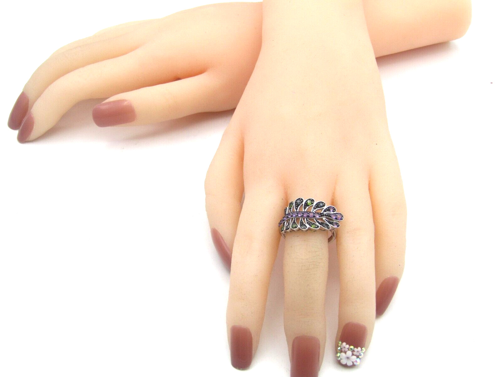 AMETHYST AND EMERALD LEAF WRAP  RING Sterling Sil… - image 1