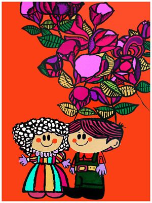 1969 Little animated couple flowers around them quality Poster.Decorative Art.
