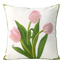 Pack of 2,Pink Tulip Flowers Pattern Embroidered Throw Pillow Cover,Cotton Ca...