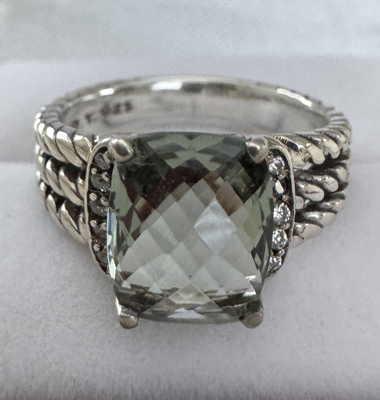 David Yurman Prasiolite and Diamond Ring 925 Sterling Silver Petite Wheaton Sz 6