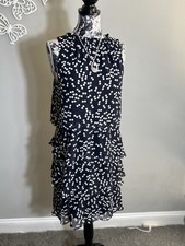 Nine West Sleeveless Ruffle Tiered Eyelet Knee-Length Dress 12 Navy And White