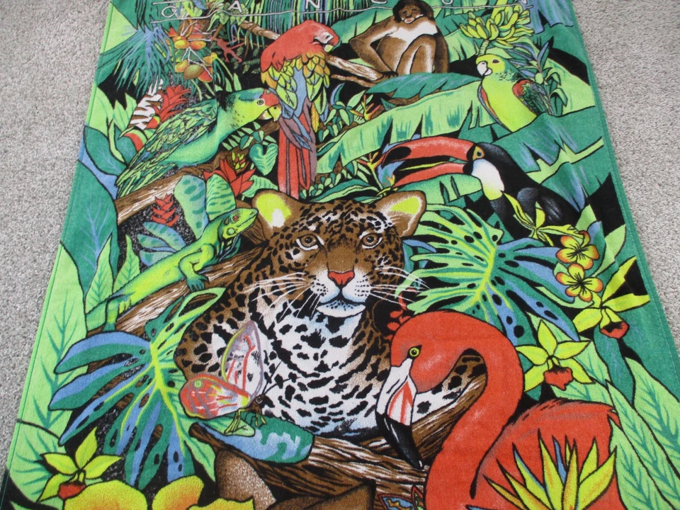Toalla de Playa Xcaret Cancún Tropical Selva Animales Jaguar Loro Flamenco Tucán Foto 3 de 4