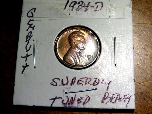 Lustrous Cartwheel Gem++ Toned Brilliant Uncirculated 1934D Lincoln Penny L1