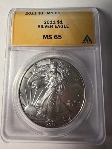 2011 Silver Eagle $1 Dollar 1oz  Anacs Ms-65 .999 -MS-Brilliant Uncirculated-