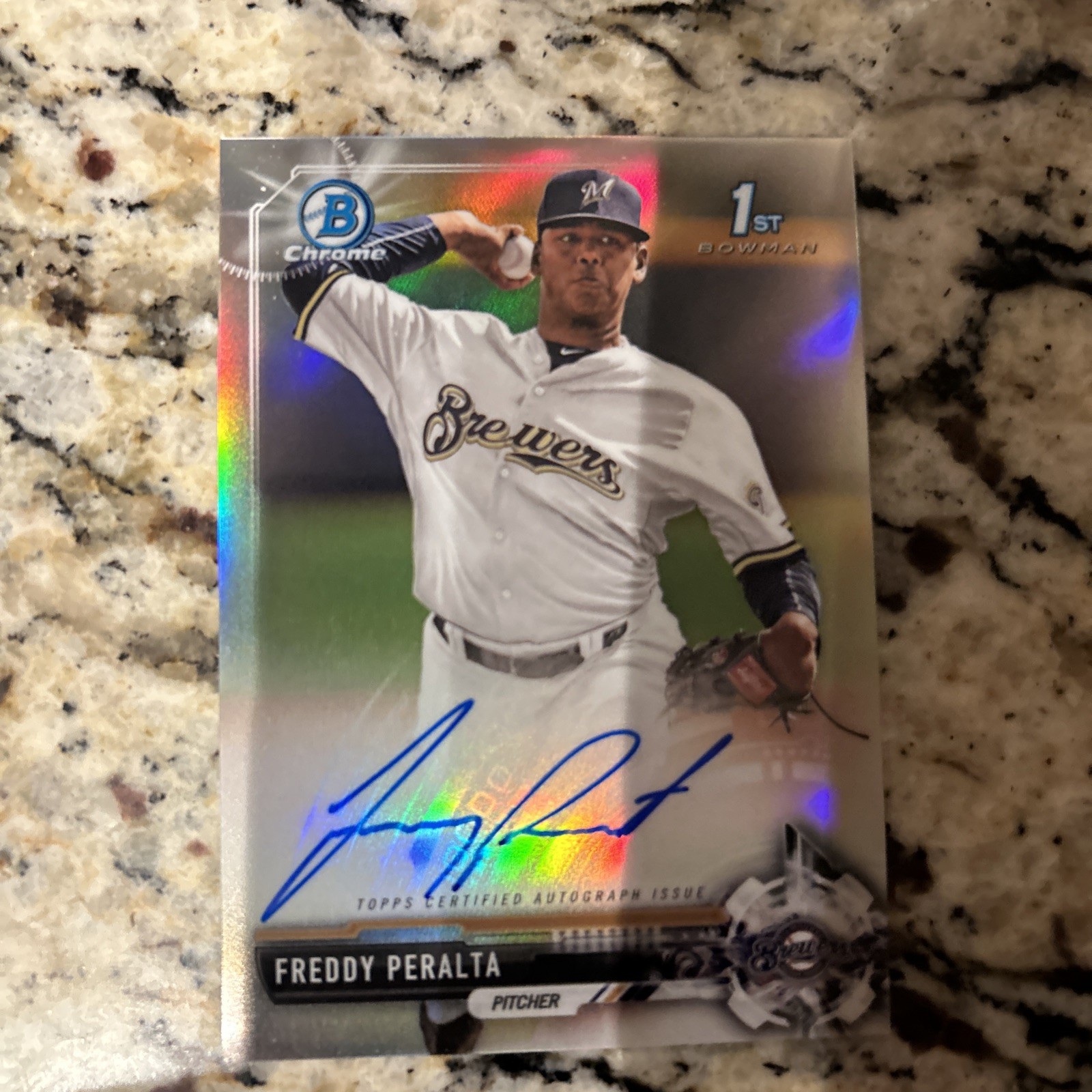 2017 Bowman Chrome Freddy Peralta Refractor On-Card Auto Brewers RC #/499