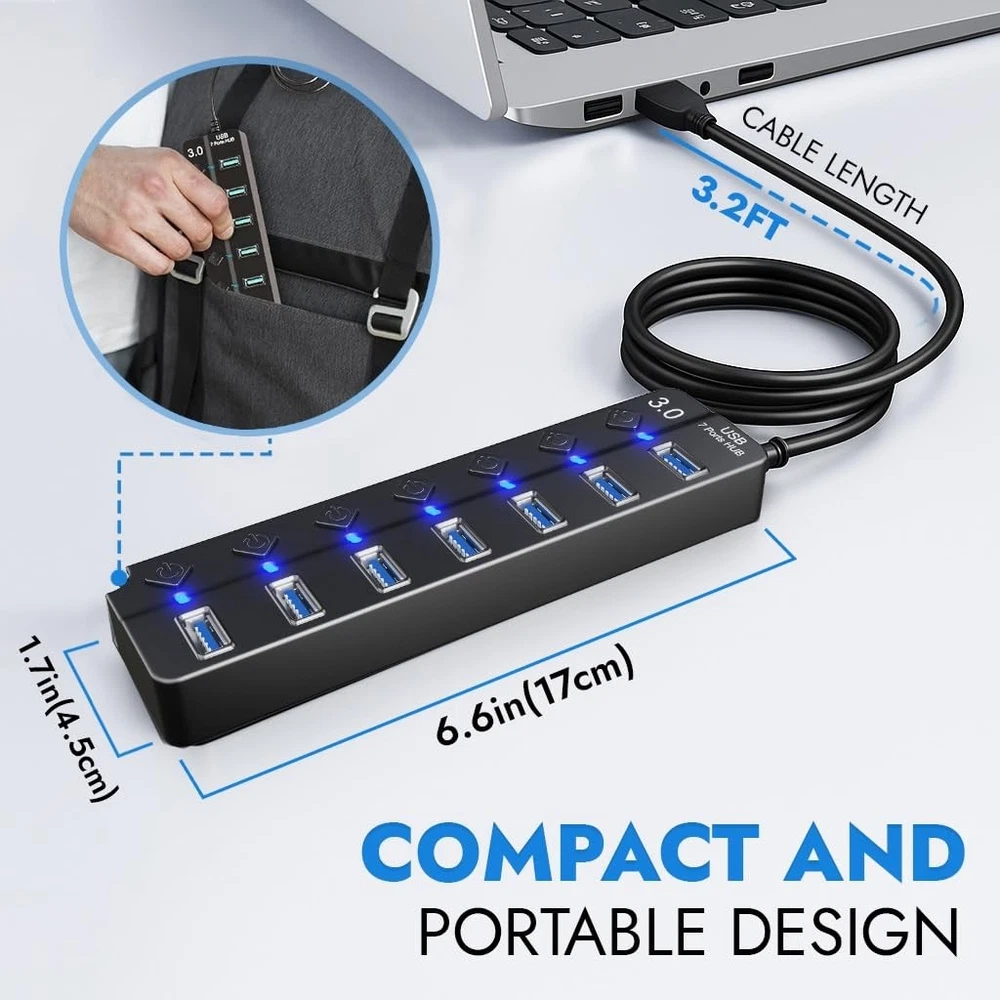USB 3.0 Hub, 7-Port USB Hub Splitter with 3.2ft Long Cable, Multiport USB Exp...
