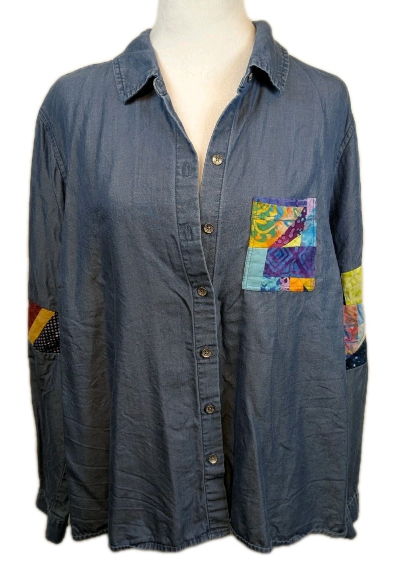 J.Jill Denim Button Down Patchwork Shirt long sle… - image 1