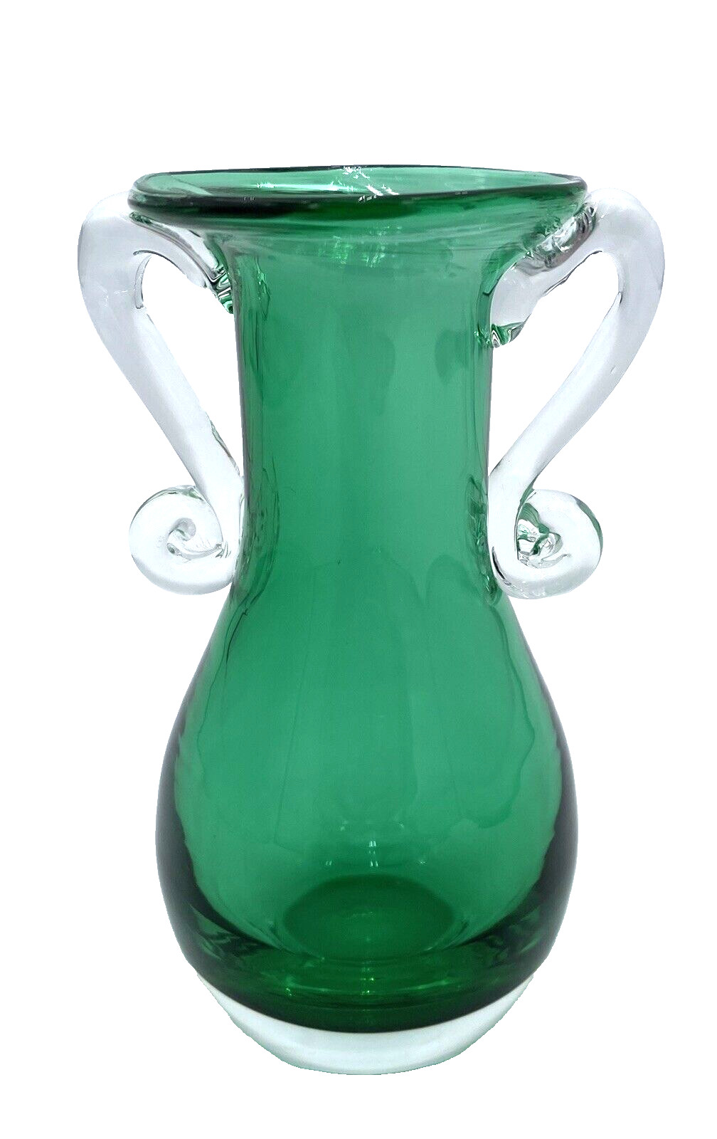 Vintage Tarnowiec (Poland) Blown Glass Kelly Green Vase, Double-Scroll Handles