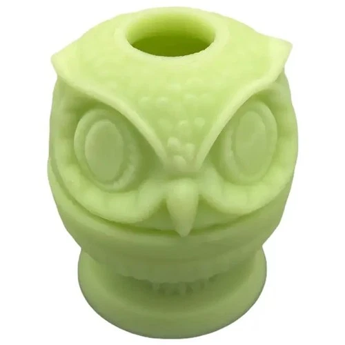 Fenton Green Satin Glass Owl Fairy Lamp Vintage Candle Holder Art Glass 4”