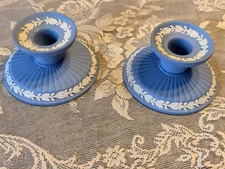 Vintage Wedgwood Blue Jasperware Acorn & Oak Leaf Candlestick Candle Holders Set