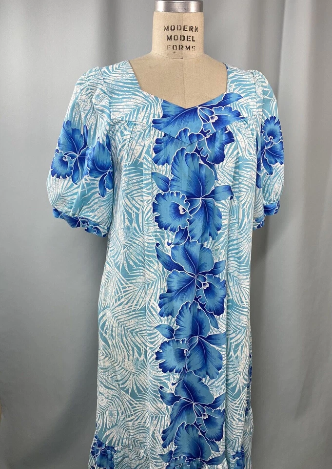 Винтажный ROYAL CREATIONS HAWAII гавайский платье средний размер синий гибискус тропический - Изображение 3 из 4