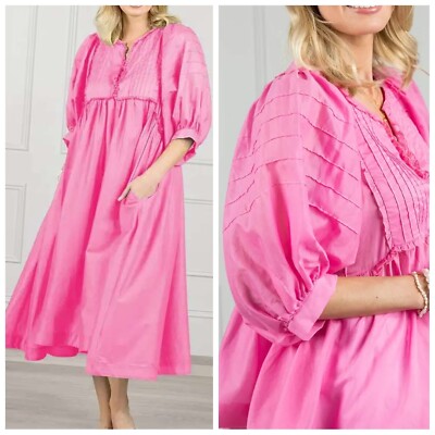 Zjoosh Pink Cotton Short Puff Sleeve Boho Maxi Dress Pockets Size M