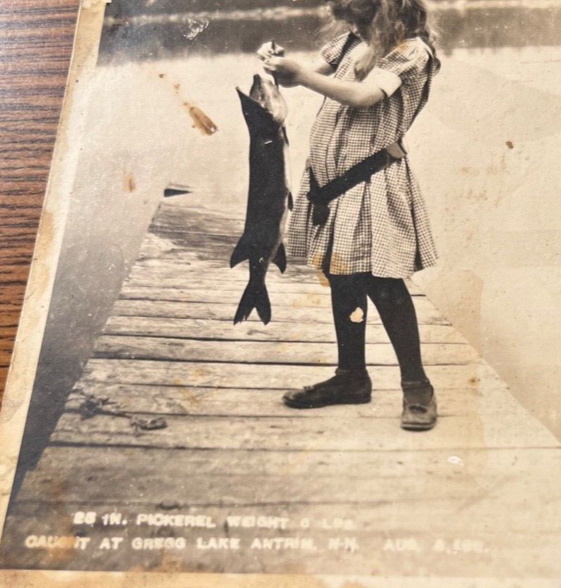 1911 RPPC Fishing 25" 6 LB Pickerel Caught Gregg Lake Antrim NH Photo
