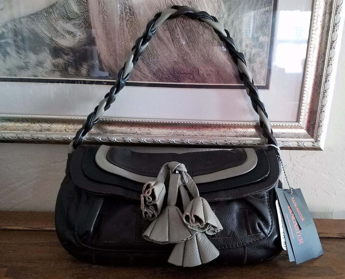 LANCASTER Black, Brown and Gray Leather Handbag Tassels ITALY New w/ Tags