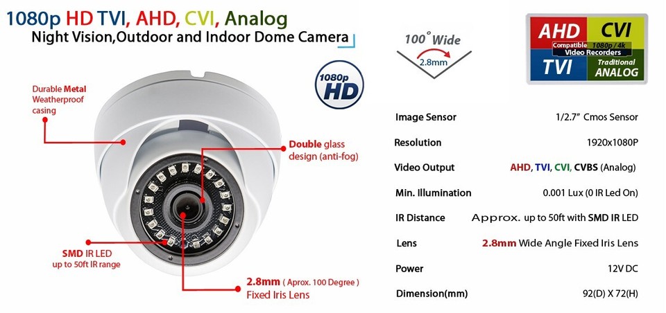 Evertech Outdoor 1080p HD CCTV TVI AHD CVI Analog Security CCTV Dome ...